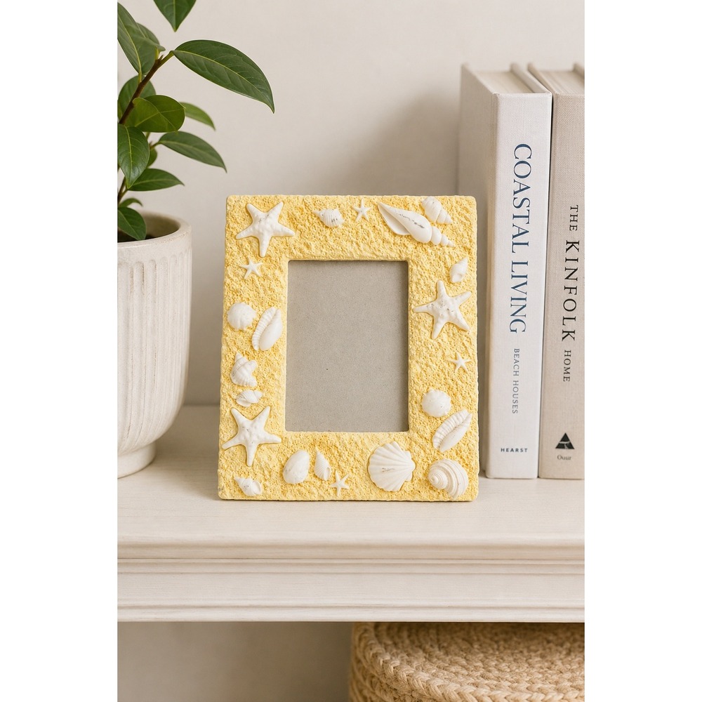Vintage Nautical Seashell Picture Frame Yellow Resin Coastal Beach Cottage Decor
